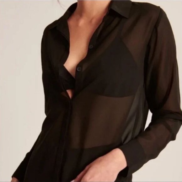 Abercrombie & Fitch Black Sheer Long Sleeve Button Up Shirt Oversized Size S - Picture 2 of 10